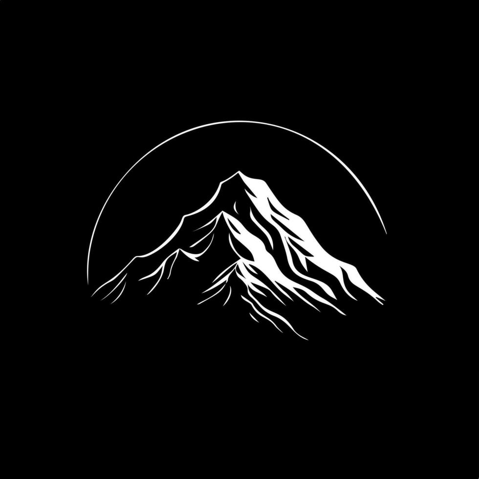 Minimalistic logo template, white icon of mountain silhouette on black background, modern logotype concept for business identity, t-shirts print, tattoo. Vector illustration