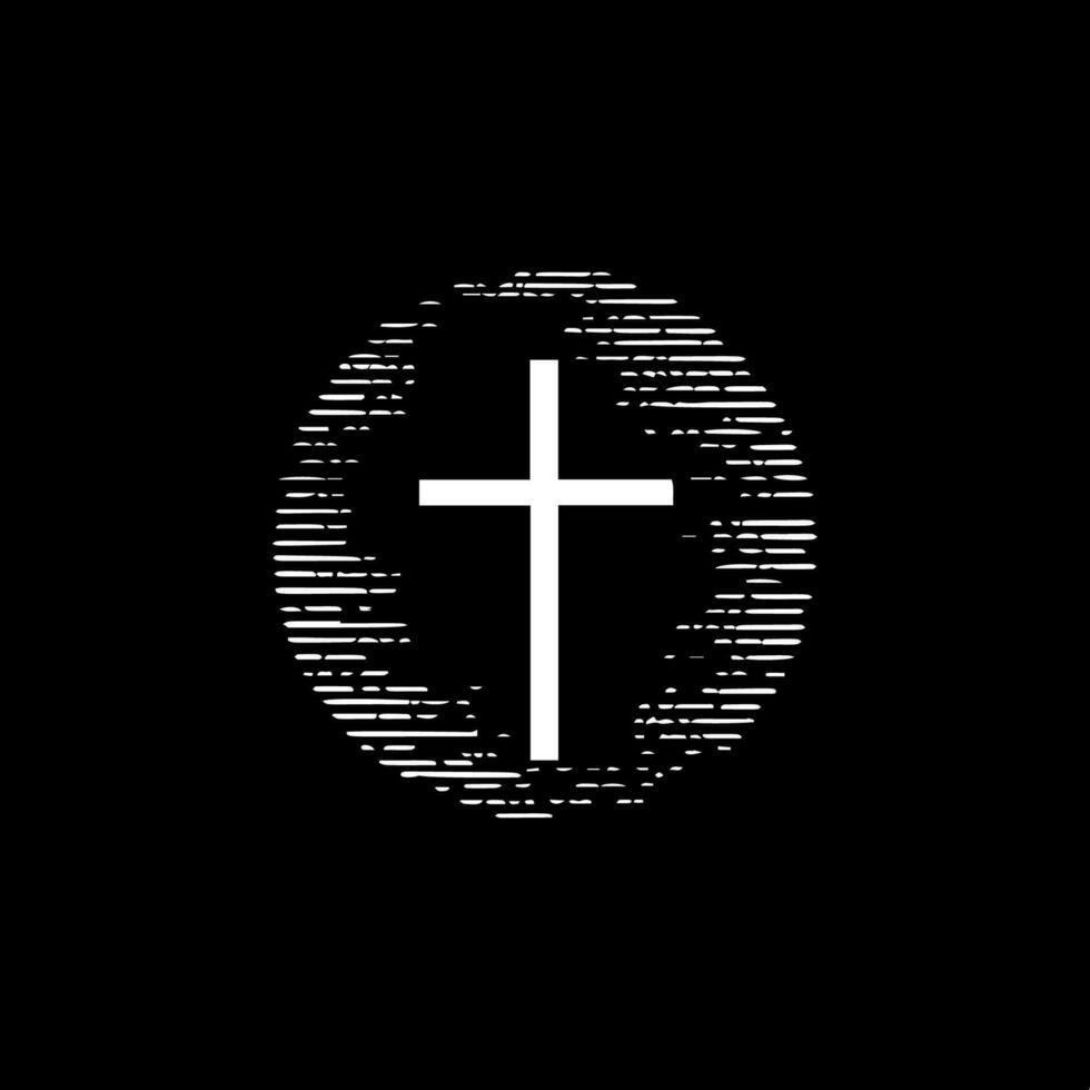 Minimalistic logo template, white icon of Christianity cross on black background, modern logotype concept for business identity, t-shirts print, tattoo. Vector illustration