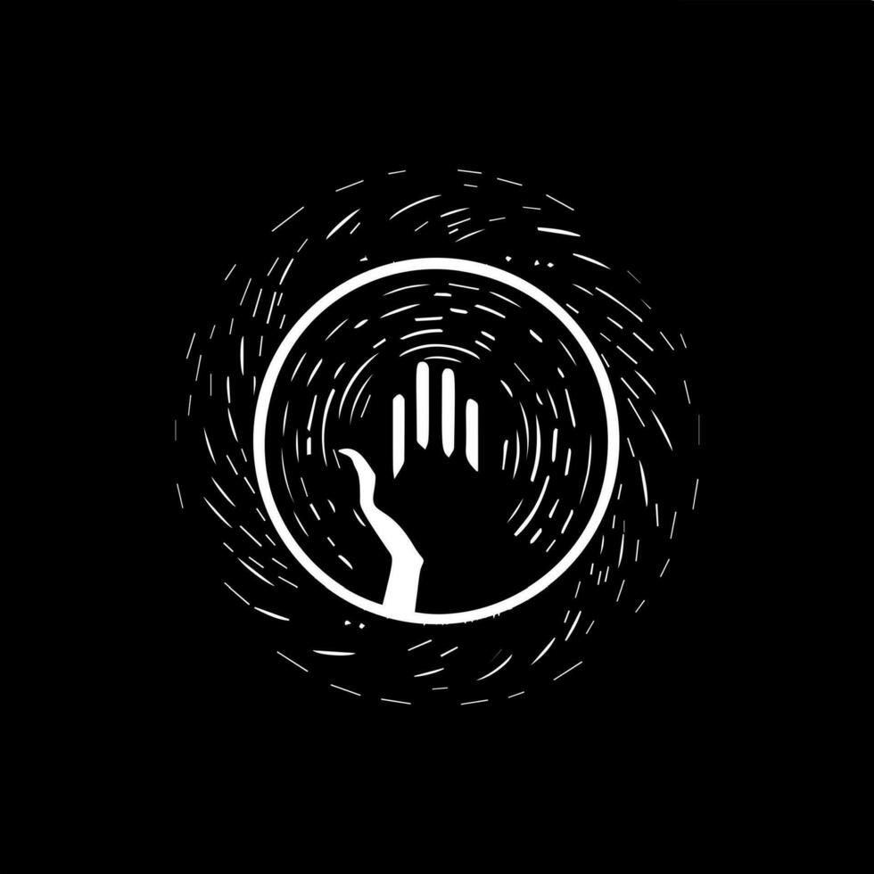 minimalista redondo logo plantilla, blanco icono de brazo en magia circulo silueta en negro fondo, moderno logotipo concepto para negocio identidad, camisetas imprimir, tatuaje. vector ilustración