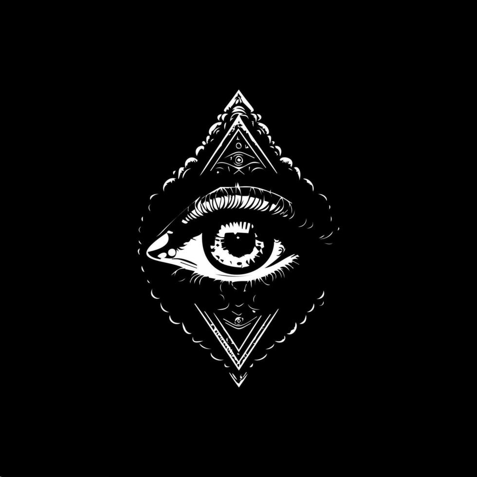 All-seeing eye dotwork tattoo with dots shading, depth illusion, tippling tattoo. Hand drawing white emblem on black background for body art, minimalistic sketch monochrome logo. Vector illustration