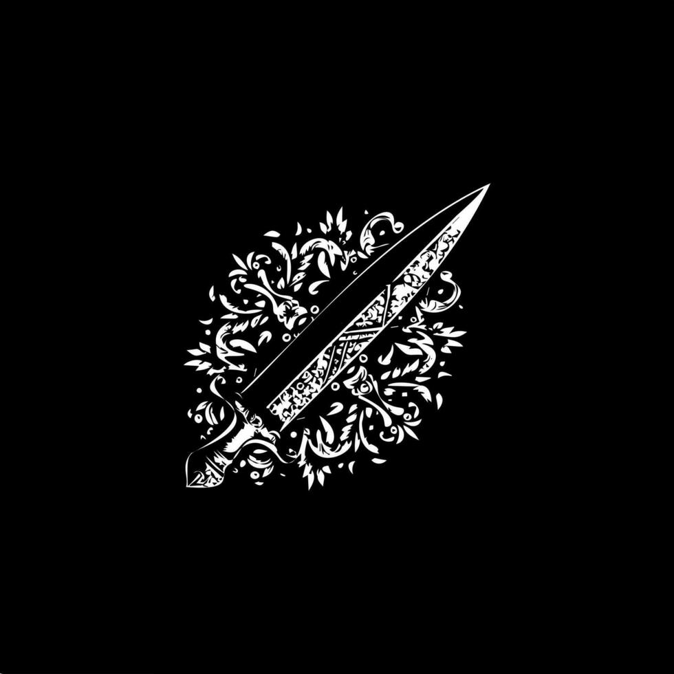 Dagger dotwork tattoo with dots shading, depth illusion, tippling tattoo. Hand drawing white emblem on black background for body art, minimalistic sketch monochrome logo. Vector illustration