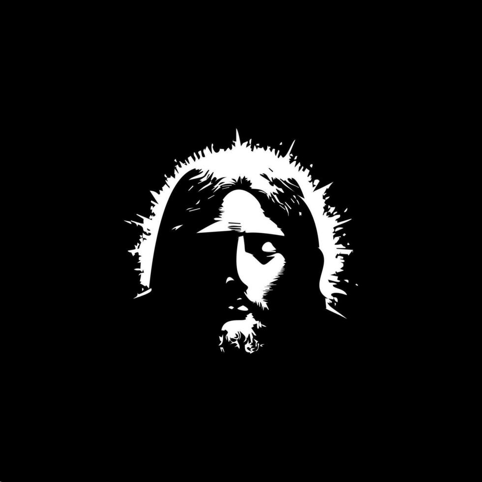 Jesus Christ face dotwork tattoo with dots shading, depth illusion, tippling tattoo. Handdrawing white emblem on black background for body art, minimalistic sketch monochrome logo.Vector illustration vector