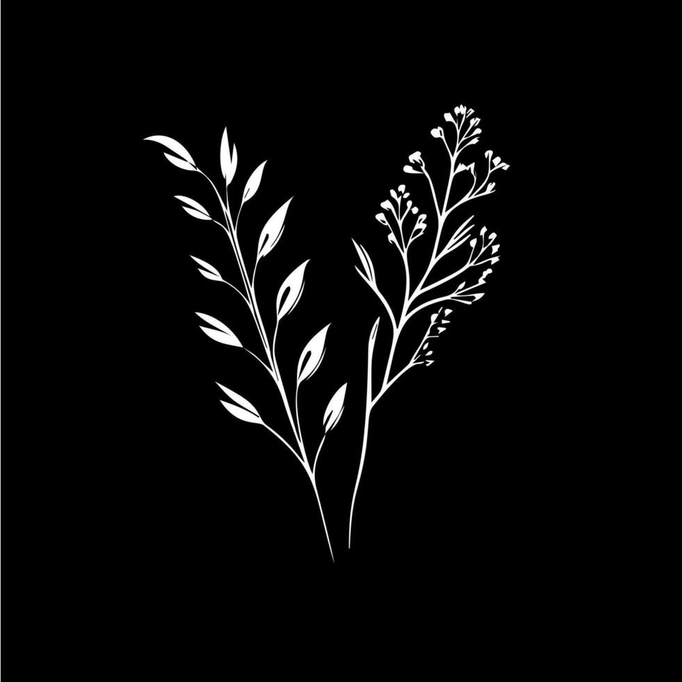Herbs boho logo white icon of hand drawn sketch dry branch leaves silhouette on black background, t-shirt print, nature label, tattoo template. Isolated vector illustration