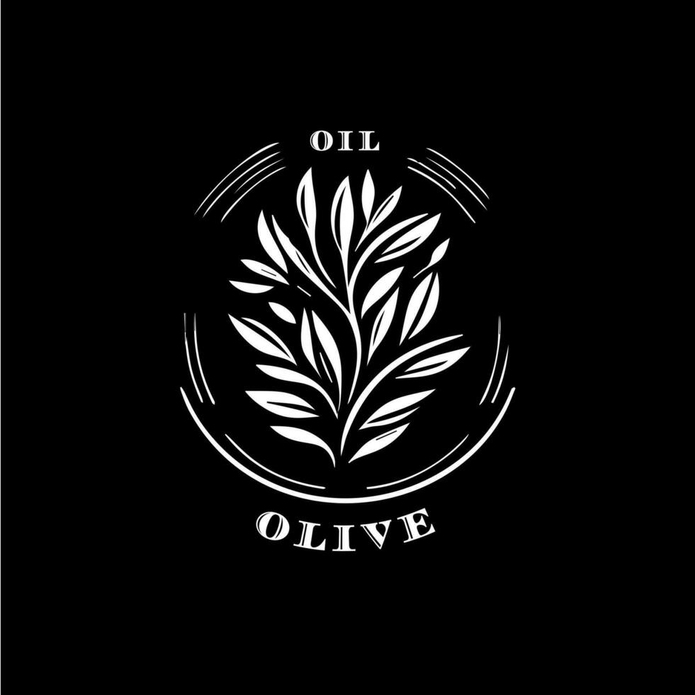 Olive branch boho logo white icon of hand drawn sketch dry branch leaves silhouette on black background, t-shirt print, nature label, tattoo template. Isolated vector illustration