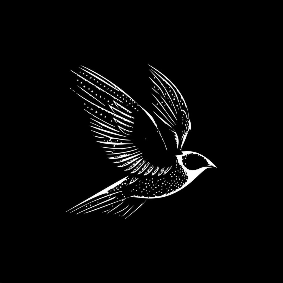 Swallow flight dotwork tattoo with dots shading, depth illusion, tippling tattoo. Hand drawing bird emblem on black background for body art, minimalistic sketch monochrome logo. Vector illustration