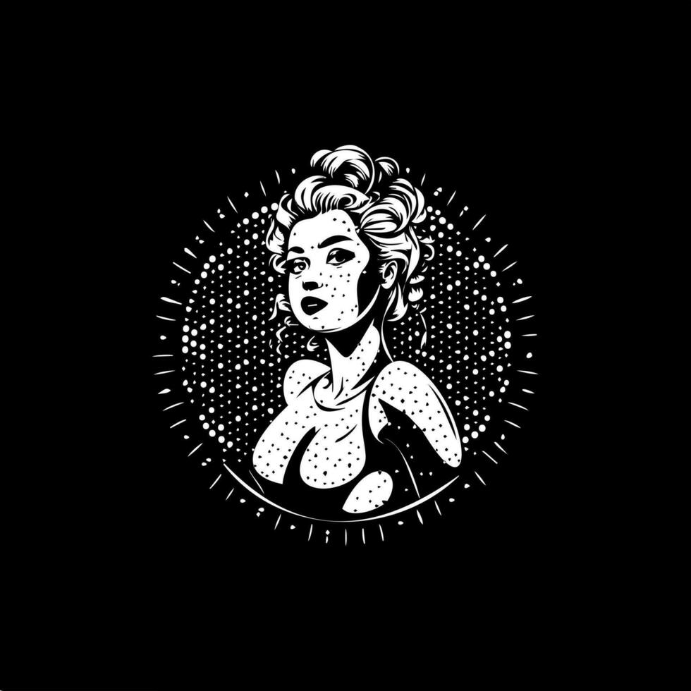 fijar niña dotwork tatuaje con puntos sombreado, profundidad espejismo, bebiendo tatuaje. mano dibujo blanco emblema en negro antecedentes para cuerpo arte, vargas niña bosquejo monocromo logo. vector ilustración