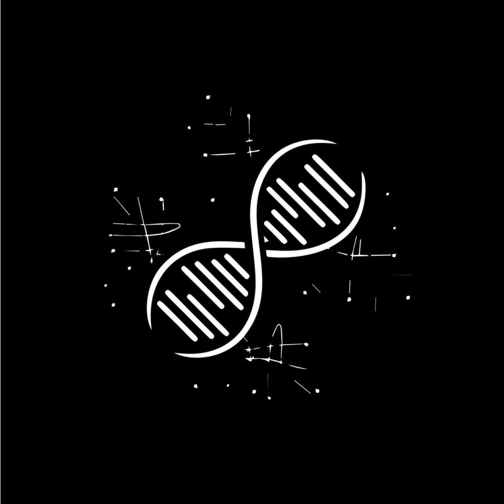 DNA text logo template, white icon of helix structure on black background, science logotype concept, chemistry emblem, tattoo. Vector illustration