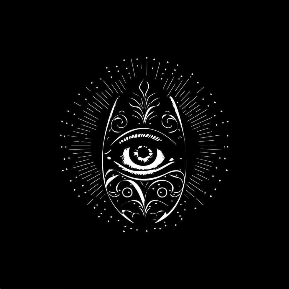 All-seeing eye dotwork tattoo with dots shading, depth illusion, tippling tattoo. Hand drawing white emblem on black background for body art, minimalistic sketch monochrome logo. Vector illustration