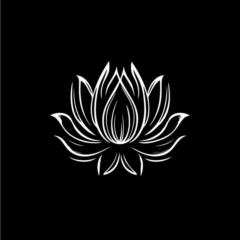 Minimalistic waterlily logo template, white icon of lotus petals flower silhouette on black background, yoga logotype concept, cosmetic emblem, tattoo. Vector illustration