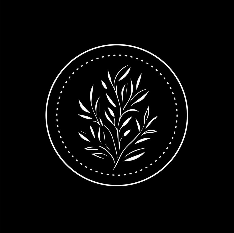 Olive branch boho logo white icon of hand drawn sketch dry branch leaves silhouette on black background, t-shirt print, nature label, tattoo template. Isolated vector illustration