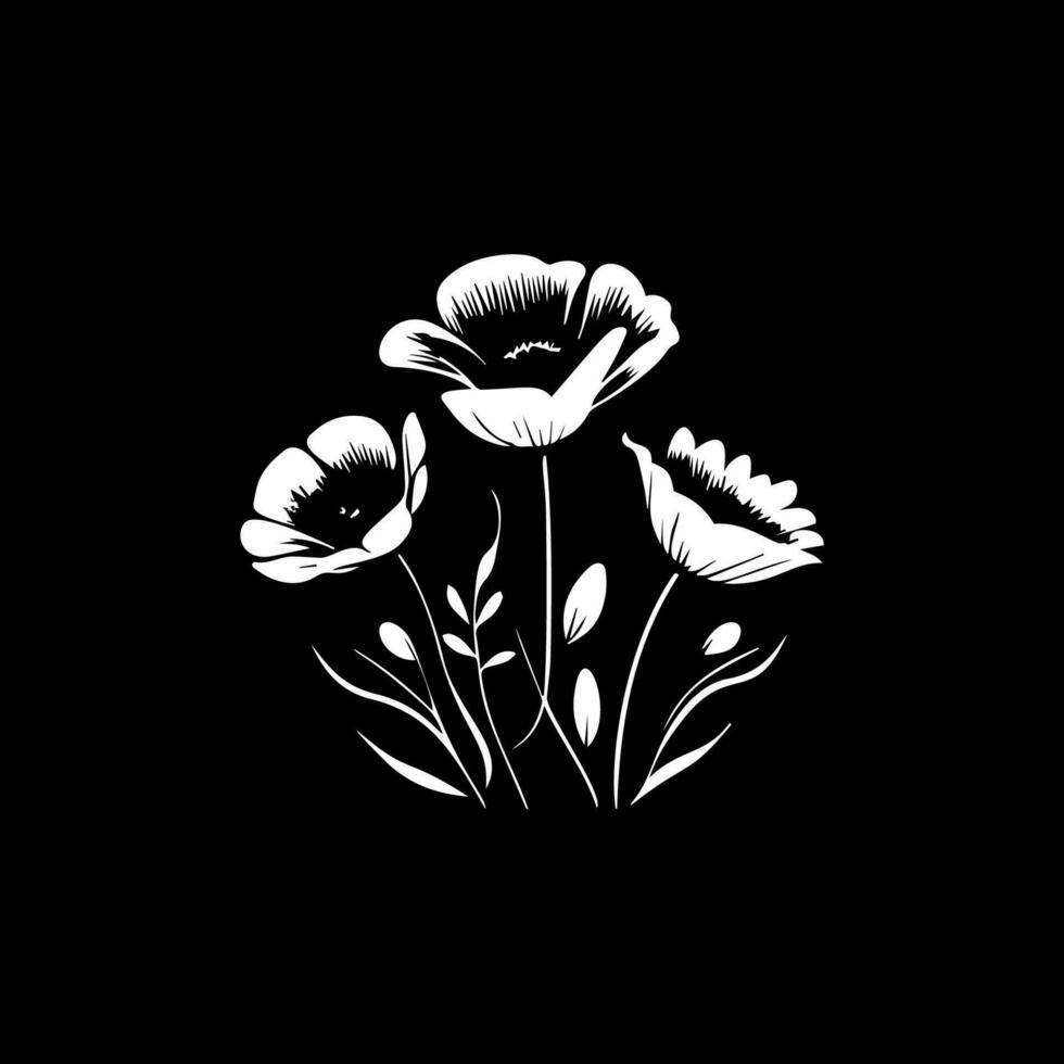 Poppy flower bouquet logo template, white icon of blossom poppy petals silhouette on black background, boutique logotype concept, cosmetic emblem, tattoo. Vector illustration