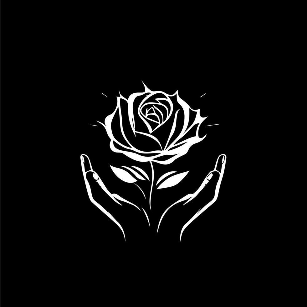 Rose flower in palm logo template, white icon of blossom rose petals silhouette on black background, boutique logotype concept, cosmetic emblem, tattoo. Vector illustration