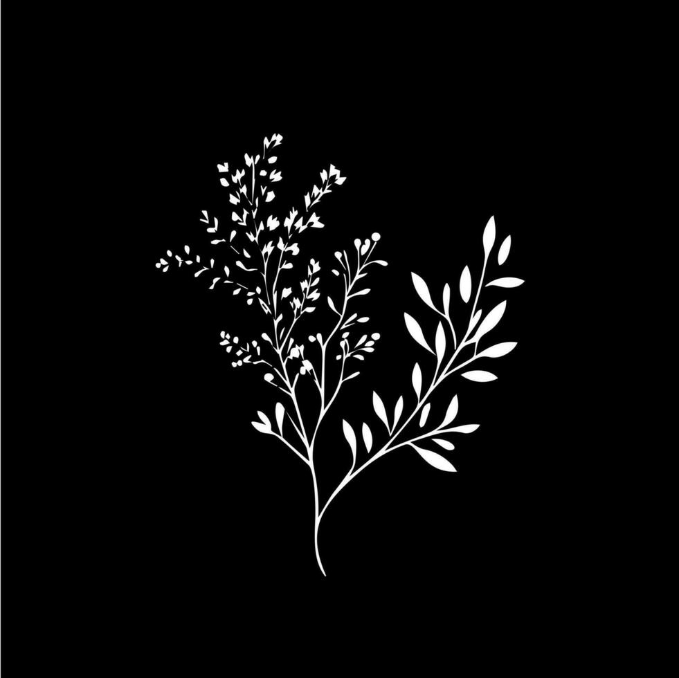 Herbs boho logo white icon of hand drawn sketch dry branch leaves silhouette on black background, t-shirt print, nature label, tattoo template. Isolated vector illustration