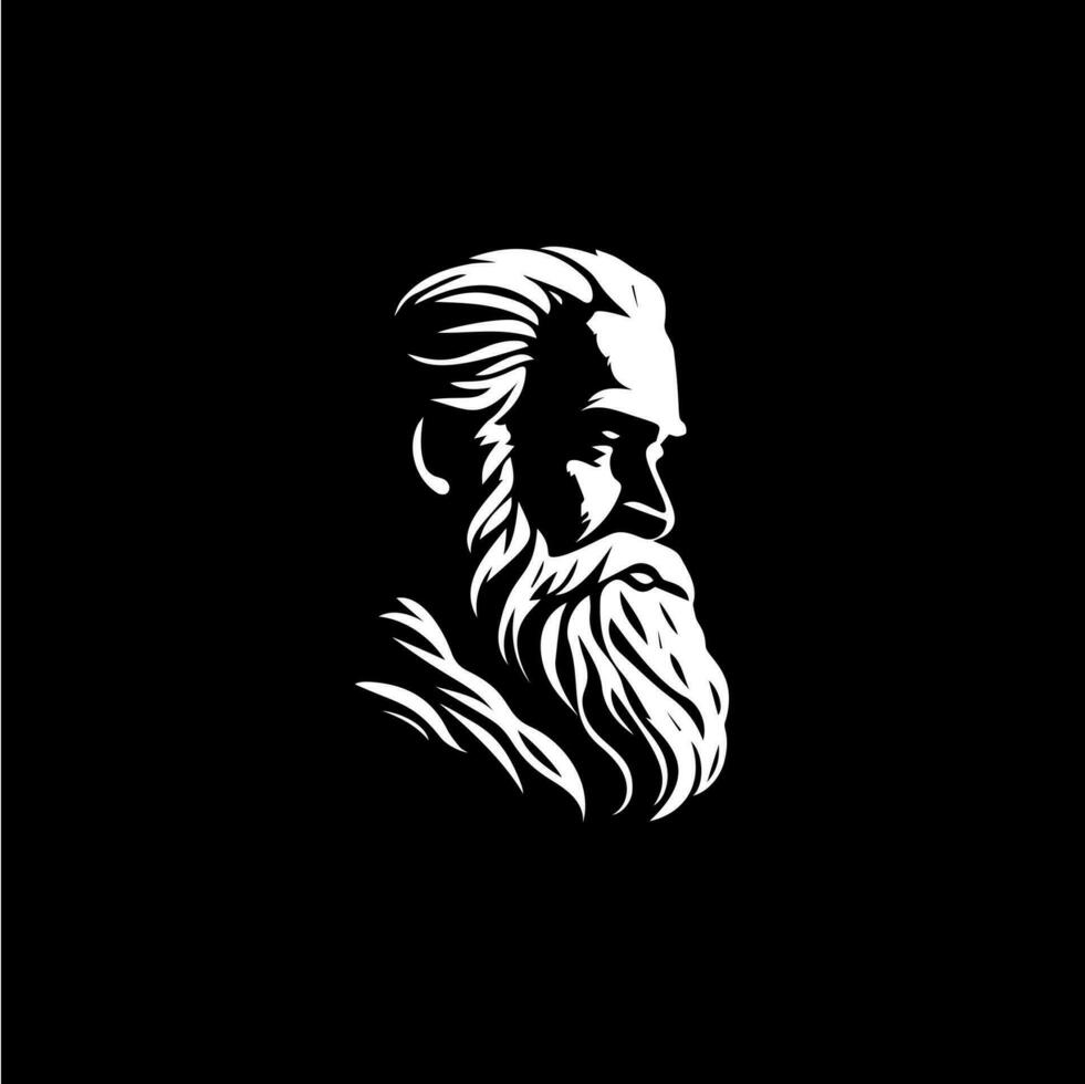 Bearded old man bust logo template, Santa Claus monument emblem, sage stamp, grandfather tattoo sketch. Hand drawing emblem on black background for body art, monochrome art. Vector illustration