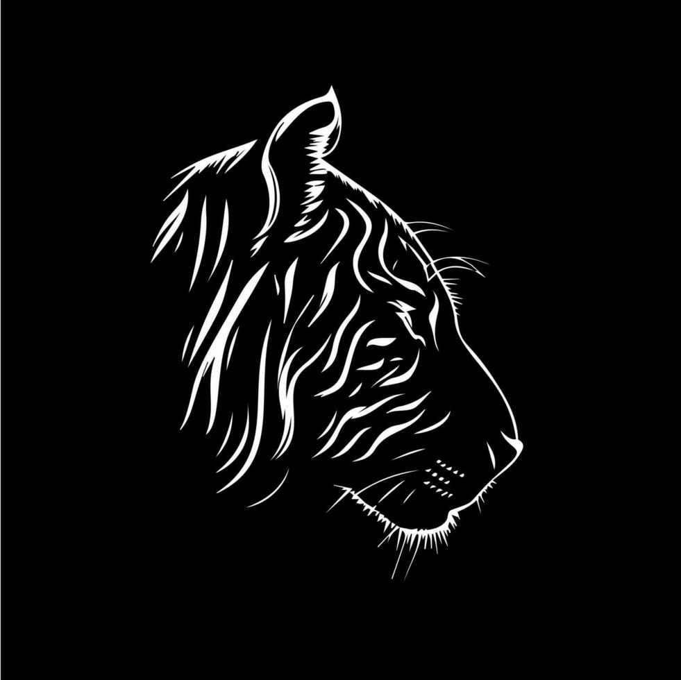 Tigre cabeza dotwork tatuaje con puntos sombreado, profundidad espejismo, bebiendo tatuaje. mano dibujo salvaje animal emblema en negro antecedentes para cuerpo arte, minimalista bosquejo monocromo logo. vector ilustración