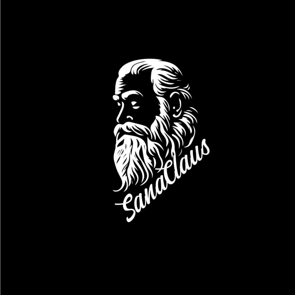 Bearded old man bust logo template, Santa Claus monument emblem, sage stamp, grandfather tattoo sketch. Hand drawing emblem on black background for body art, monochrome art. Vector illustration