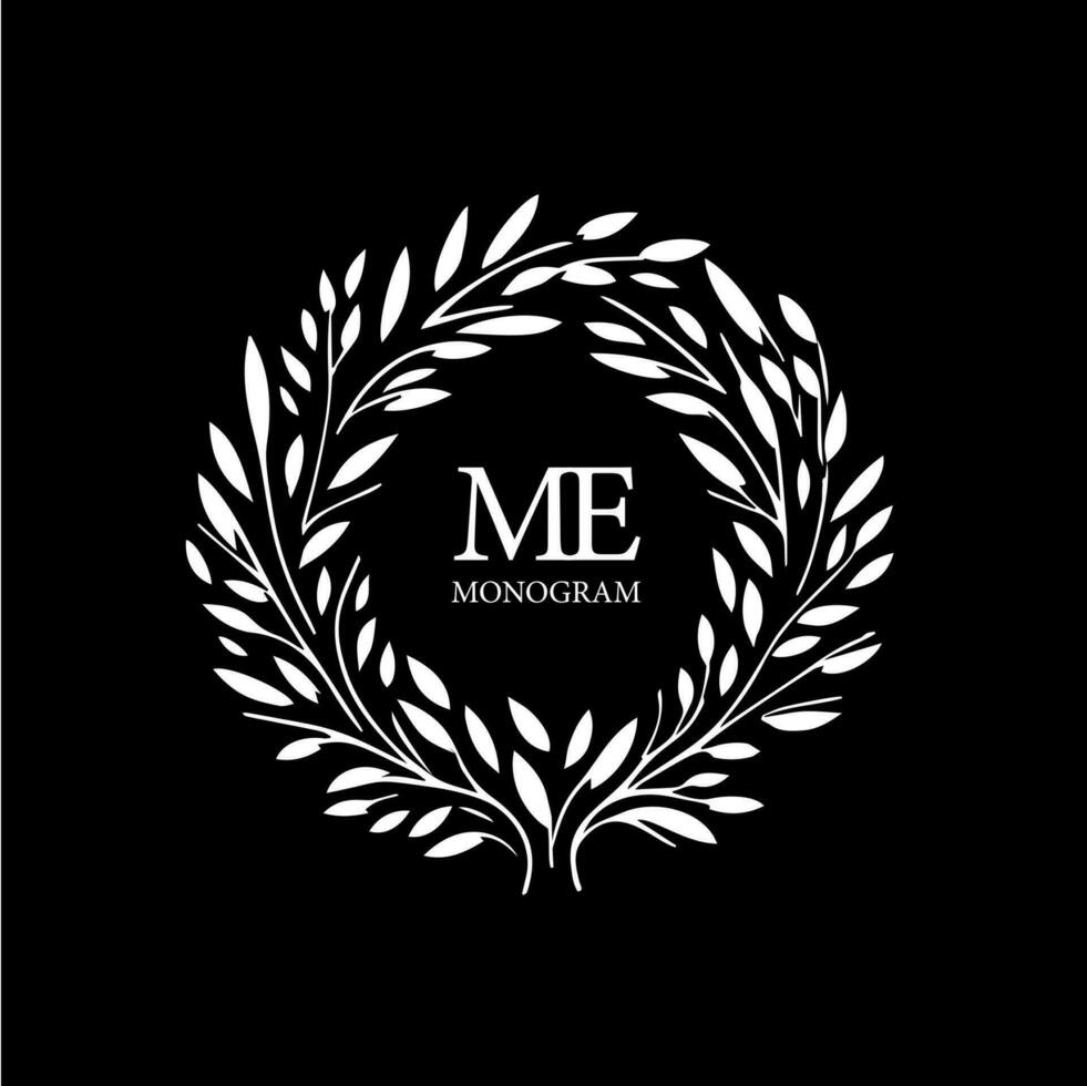 Melissa wreath logo template, round flower bouquet with monogram, white icon, silhouette on black background, boutique logotype concept, cosmetic emblem, tattoo. Vector illustration