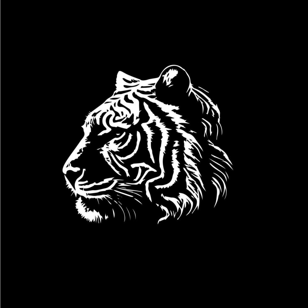 Tiger head dotwork tattoo with dots shading, depth illusion, tippling tattoo. Hand drawing wild animal emblem on black background for body art, minimalistic sketch monochrome logo. Vector illustration