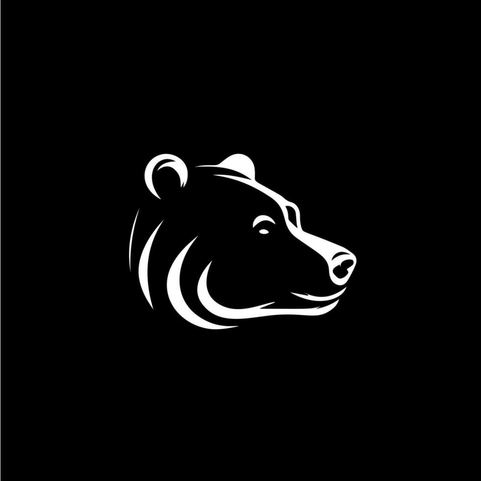 Bear head silhouette tattoo, logo template. Hand drawing wild animal emblem on black background, minimalistic sketch monochrome art. Vector illustration