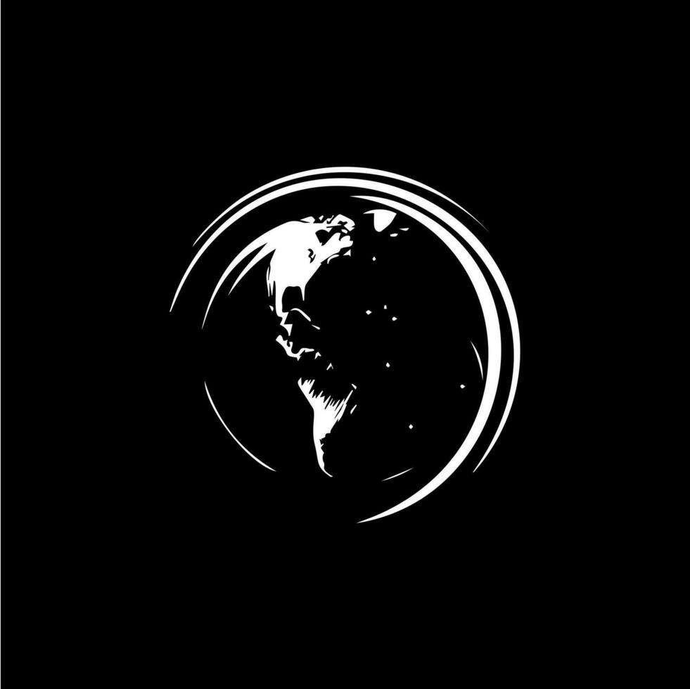 Earth logo template, globe world round emblem, save planet icon. Global planet sphere hand drawing emblem on black background, monochrome sketch art. Vector illustration