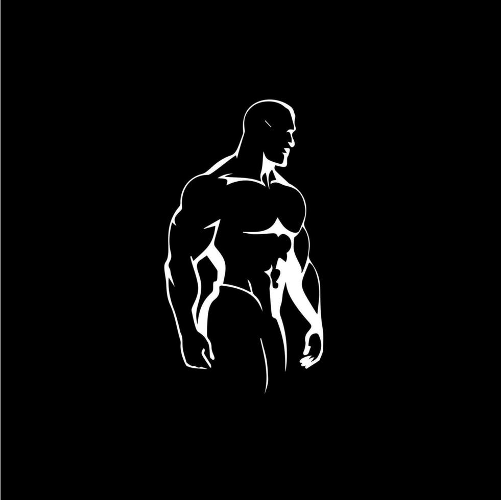 Bodybuilder male figure icon, GYM logo template, athletic man sign white silhouette on black background. Vector illustration