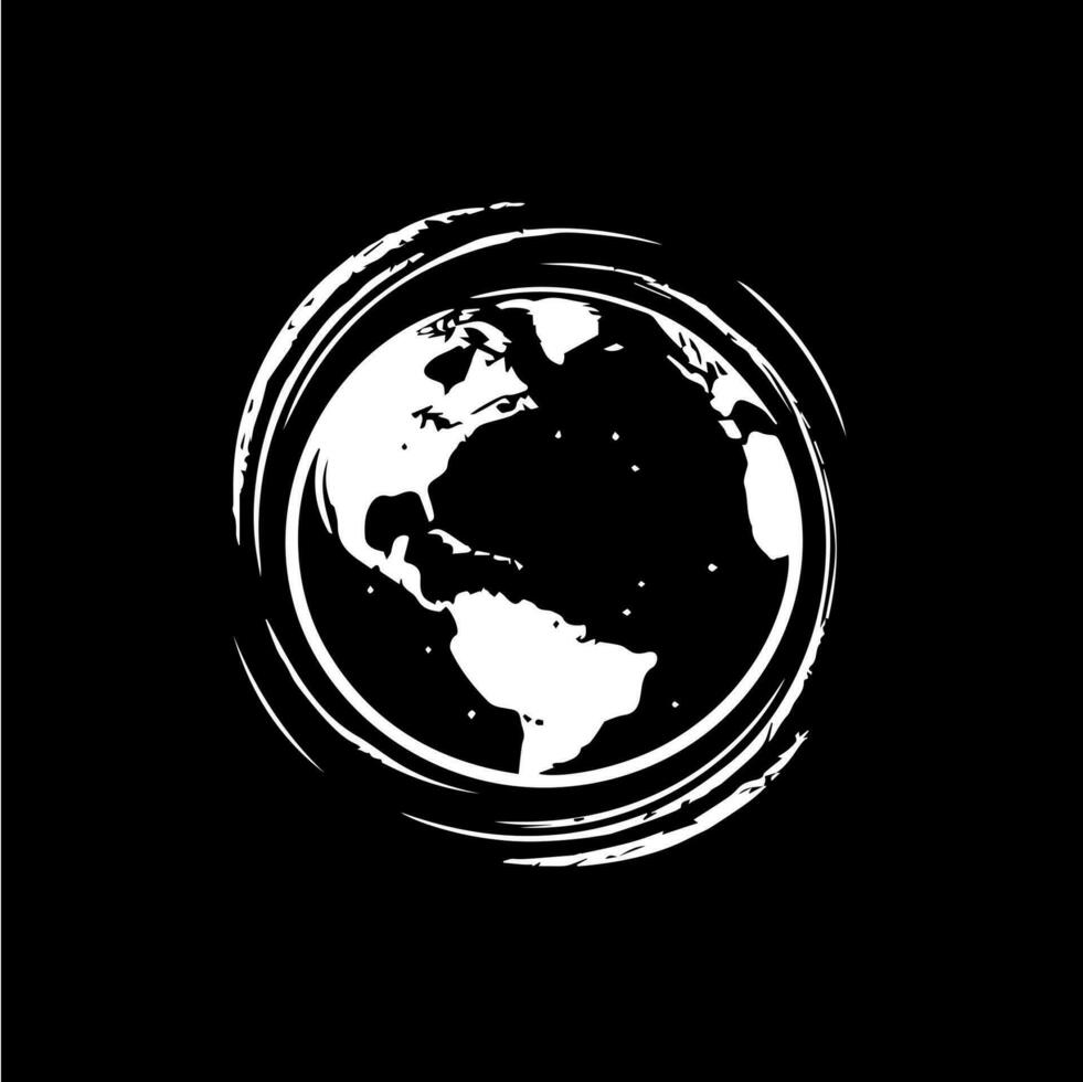 tierra logo plantilla, globo mundo redondo emblema, salvar planeta icono. global planeta esfera mano dibujo emblema en negro fondo, monocromo bosquejo Arte. vector ilustración