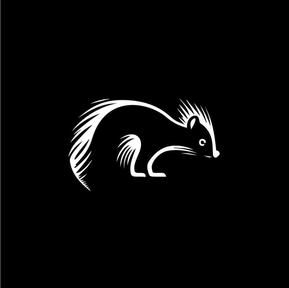 Skunk head and tail icon, wild animal logo template. Hand drawing emblem on black background for body art and tattoo, minimalistic sketch art. Vector illustration