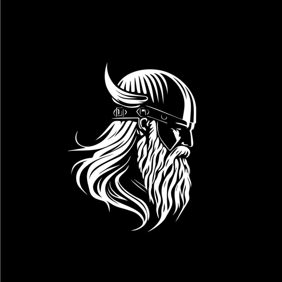 Nordic man head in helmet with horns emblem, Viking logo template, ancient warrior sign, medieval artisan of craftsman mascot. Vector illustration.