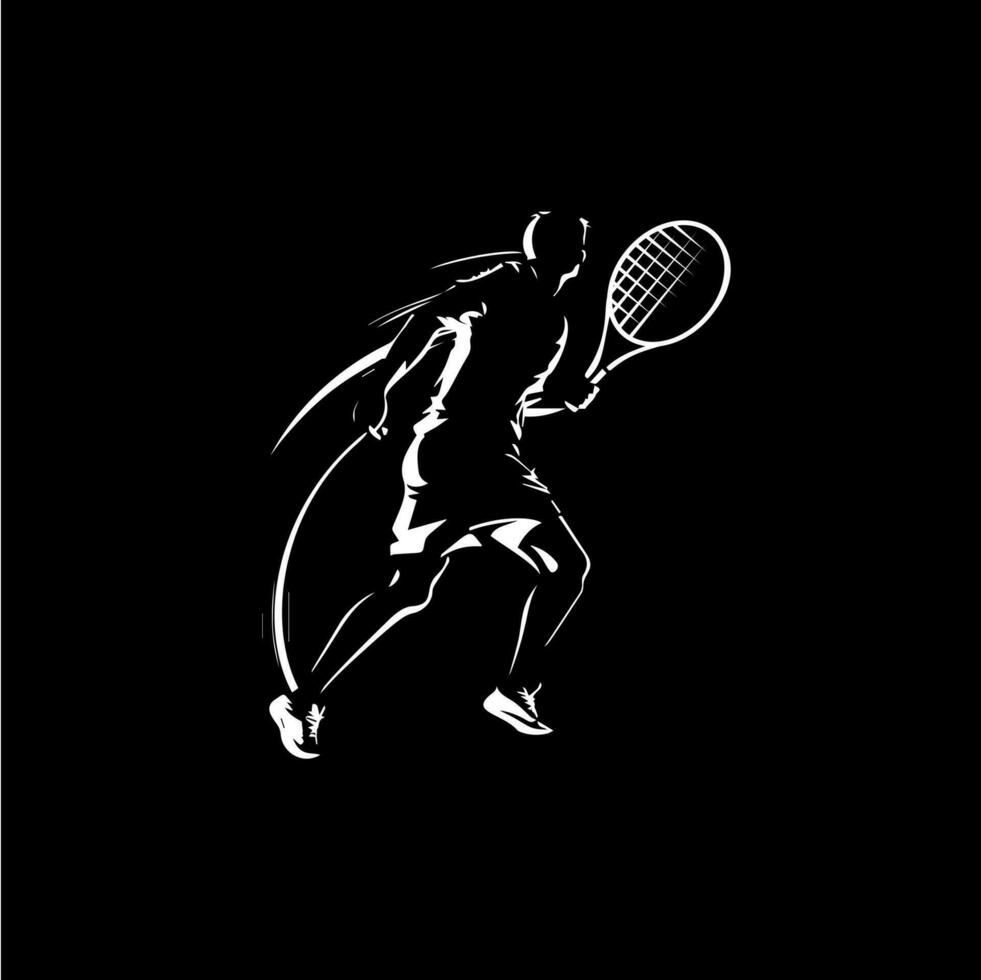 Big tennis player with racket training, white linear silhouette sketch, sport game logo template, hand drawing tattoo on black background. Vector illustration.