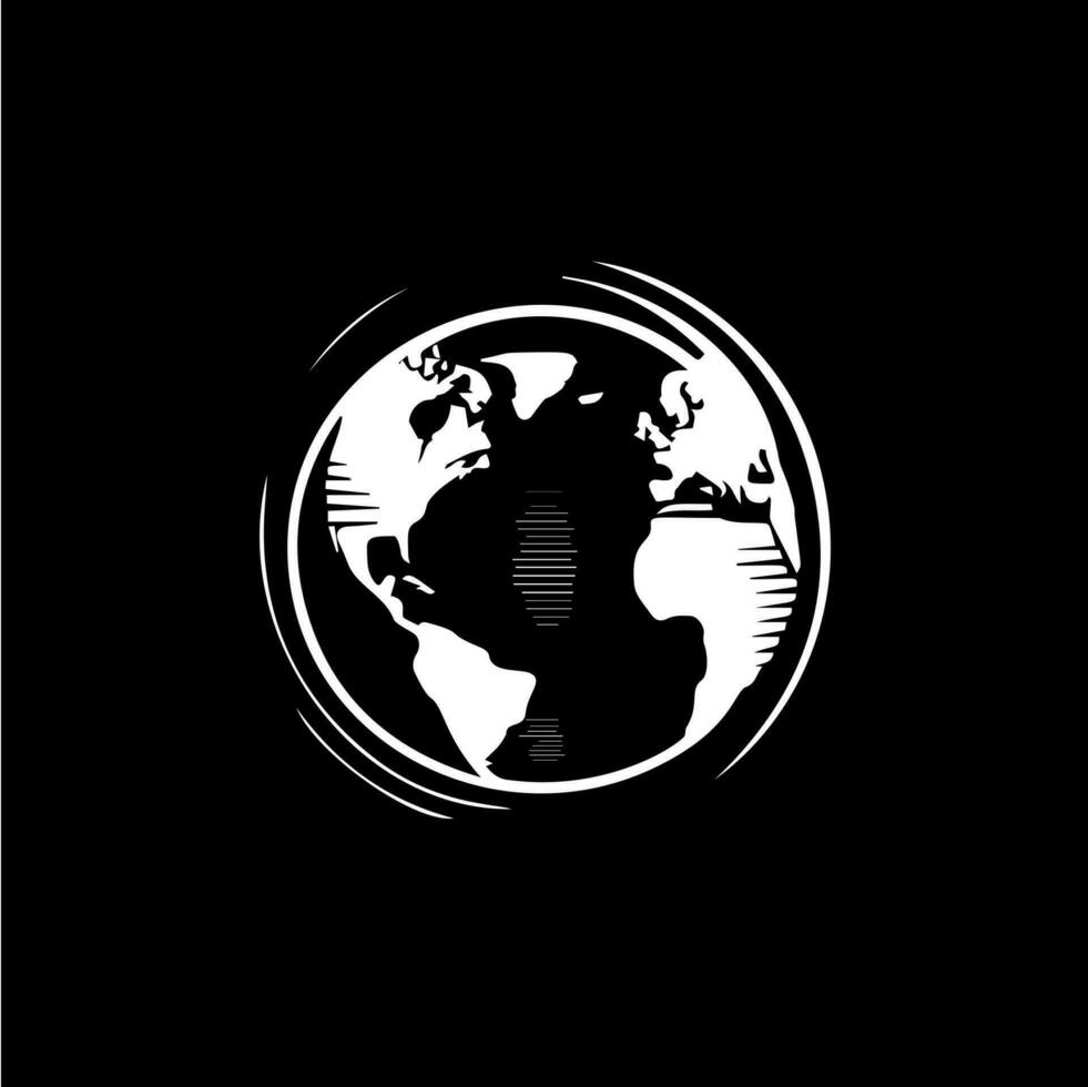 Earth logo template, globe world round emblem, save planet icon. Global planet sphere hand drawing emblem on black background, monochrome sketch art. Vector illustration