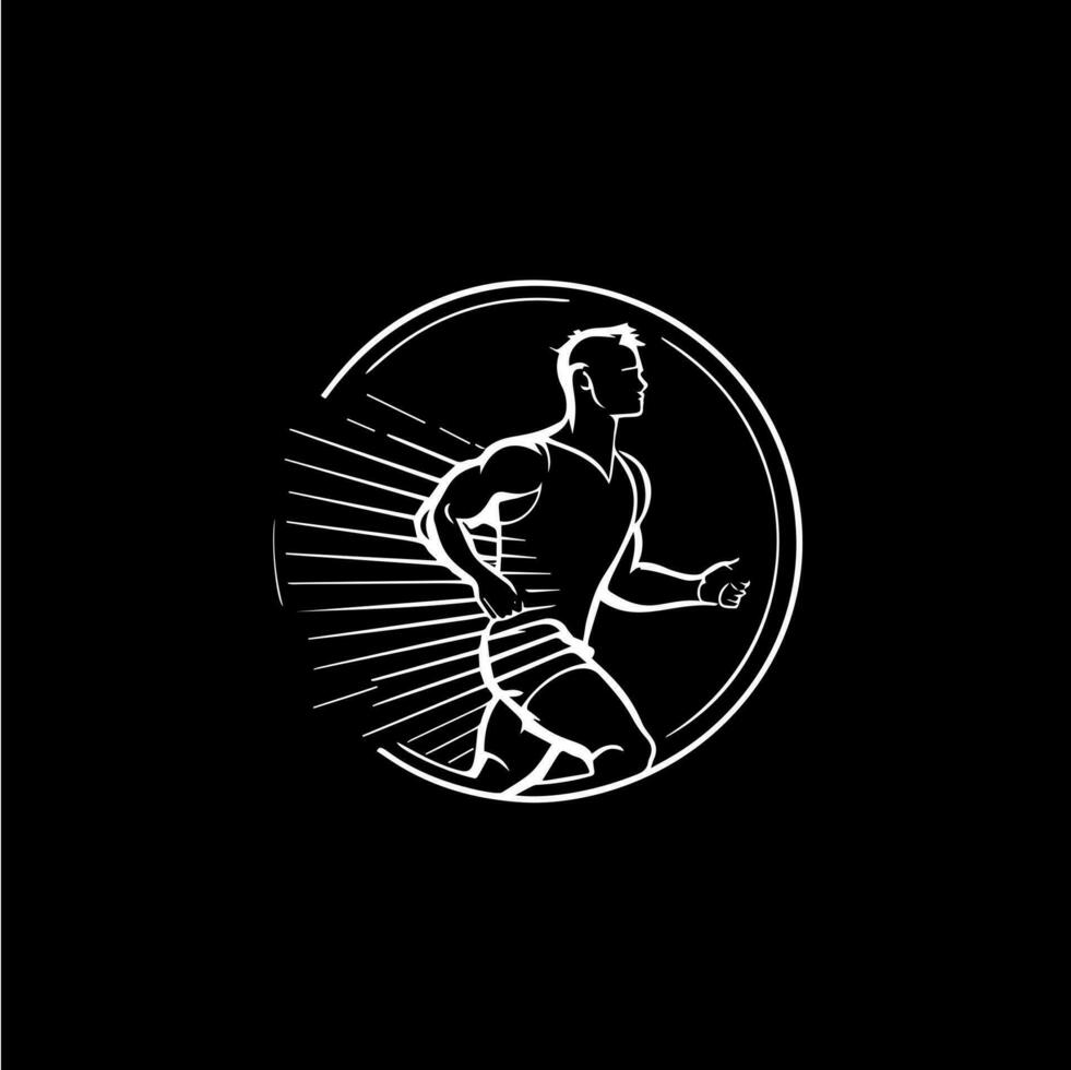 White icon of runner silhouette on black background, sport logo template, jogging modern logotype concept, t-shirts print, tattoo, infographic. Vector illustration