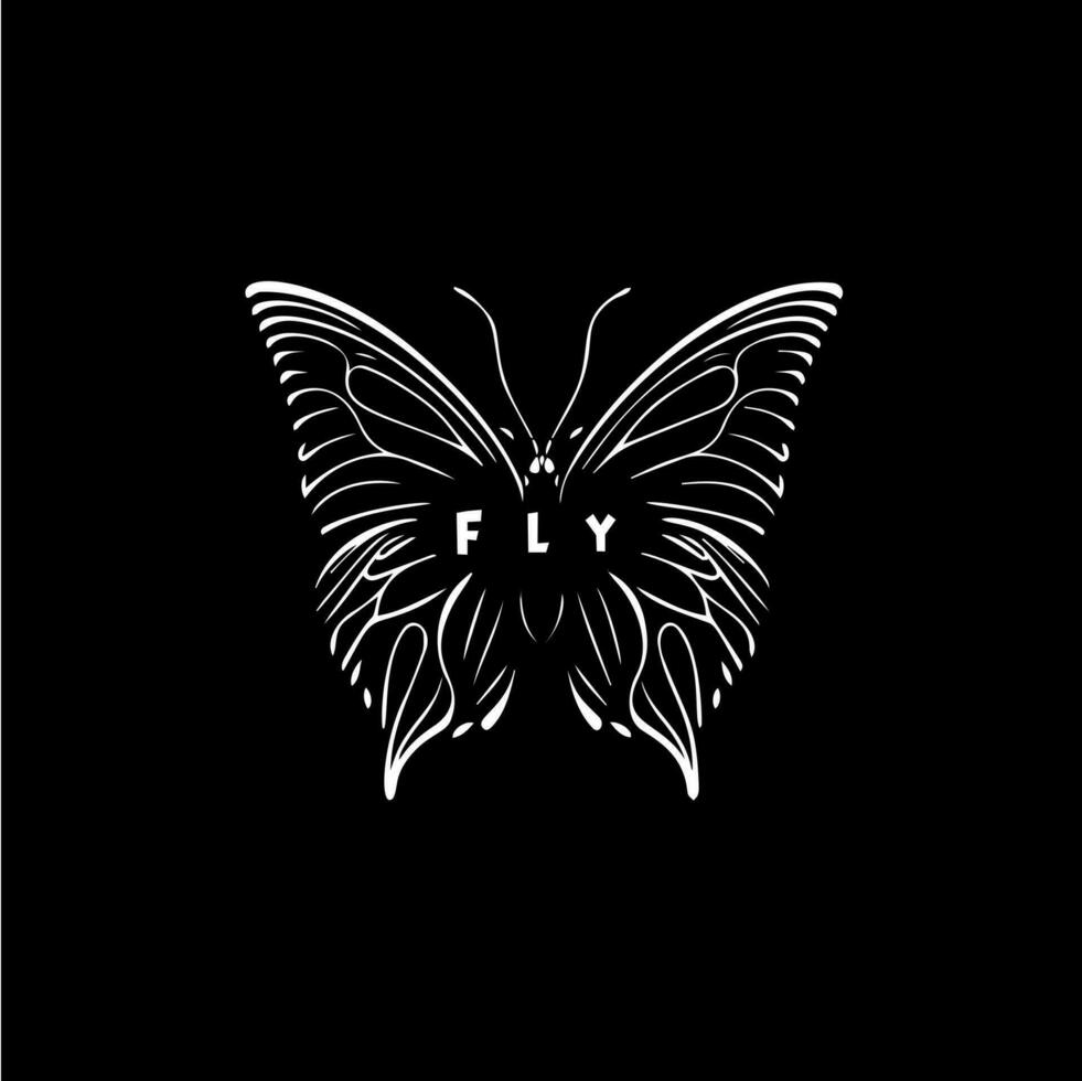 Butterfly dotwork tattoo with dots shading, tippling tattoo. Hand drawing fly insect emblem on black background for body art, minimalistic sketch monochrome logo. Vector illustration