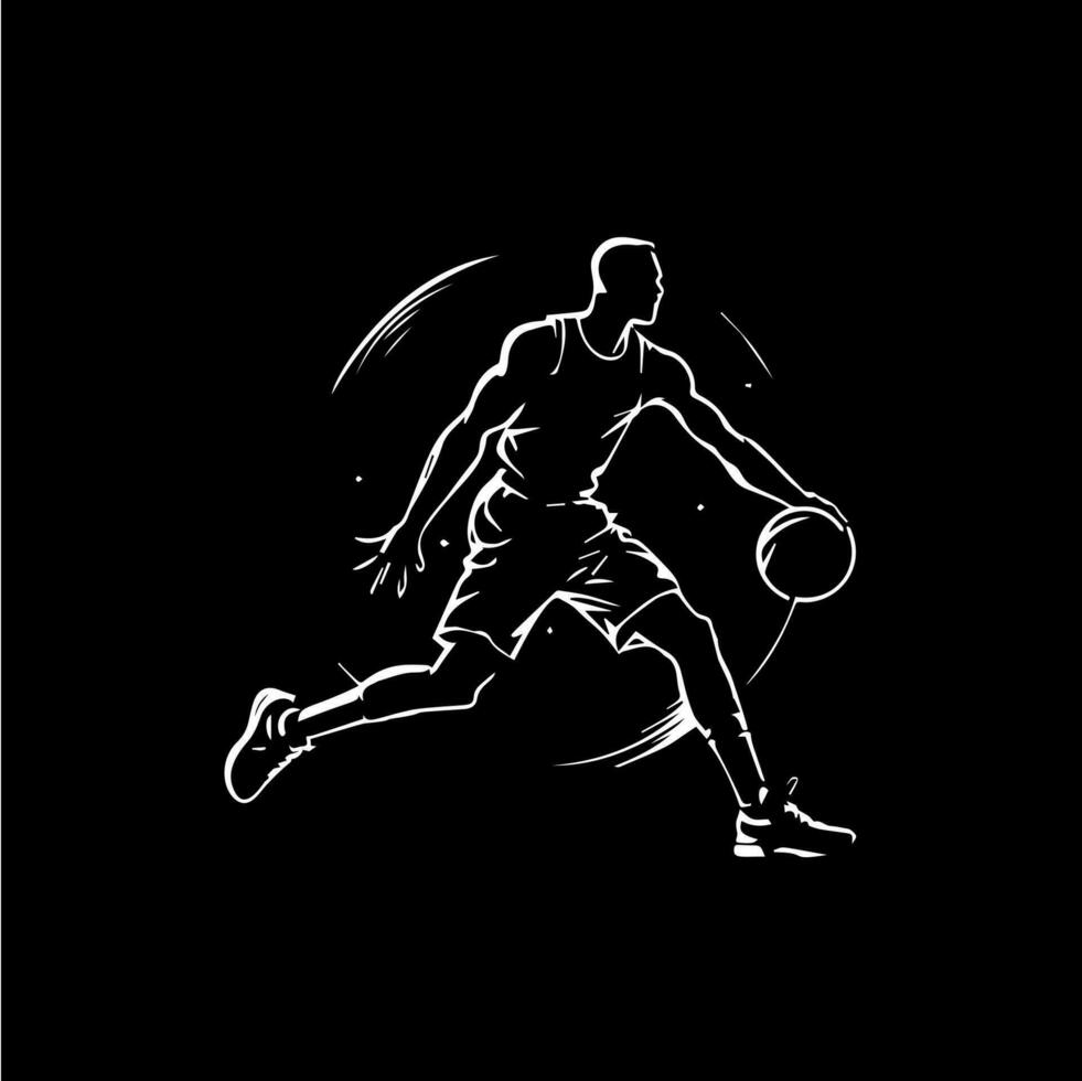 baloncesto jugador blanco emblema, regate con pelota, acción jugador icono, logo plantilla, mano dibujo tatuaje bosquejo silueta en negro antecedentes. vector ilustración.