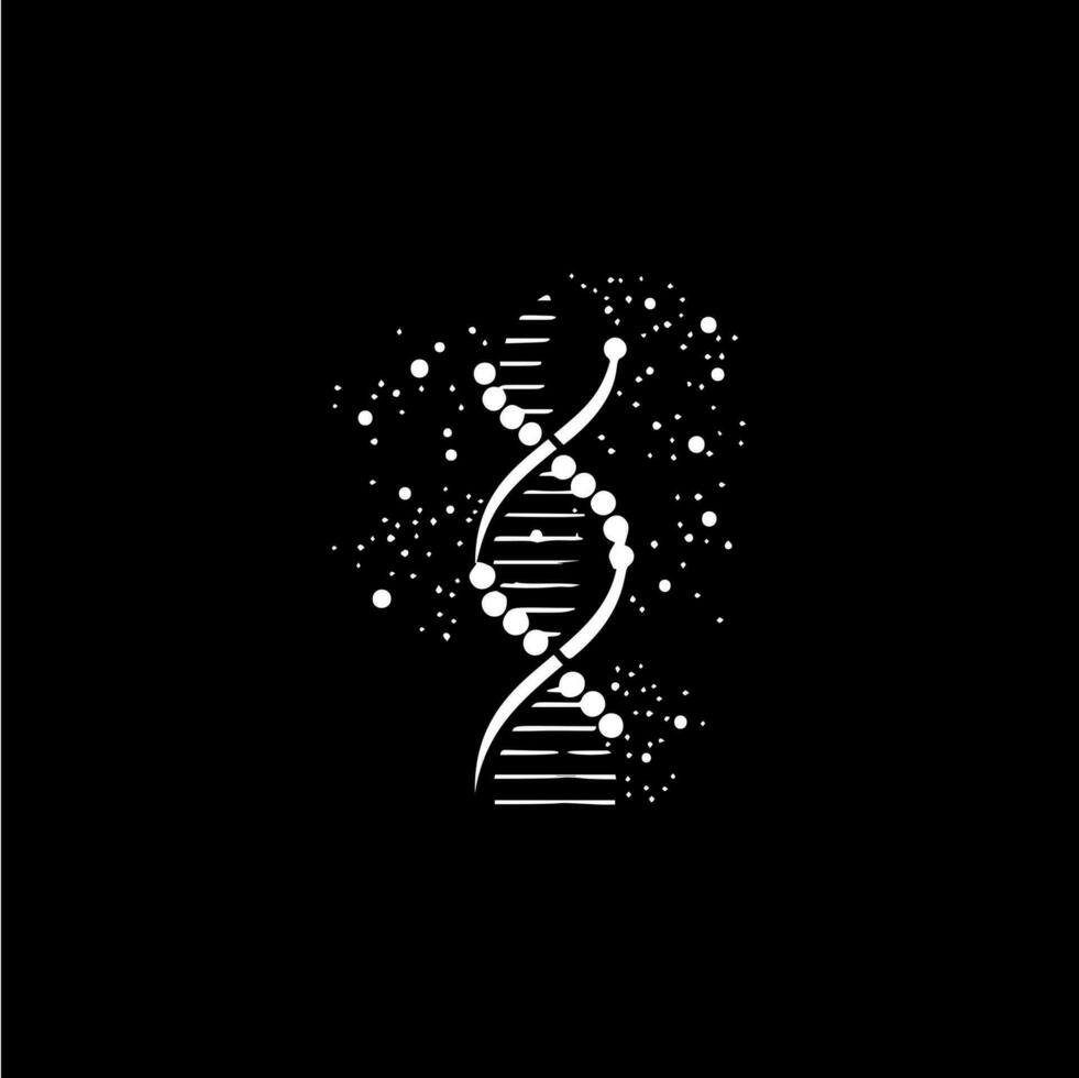 DNA text logo template, white icon of helix structure on black background, science logotype concept, chemistry emblem, tattoo. Vector illustration