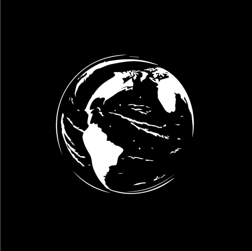 tierra logo plantilla, globo mundo redondo emblema, salvar planeta icono. global planeta esfera mano dibujo emblema en negro fondo, monocromo bosquejo Arte. vector ilustración