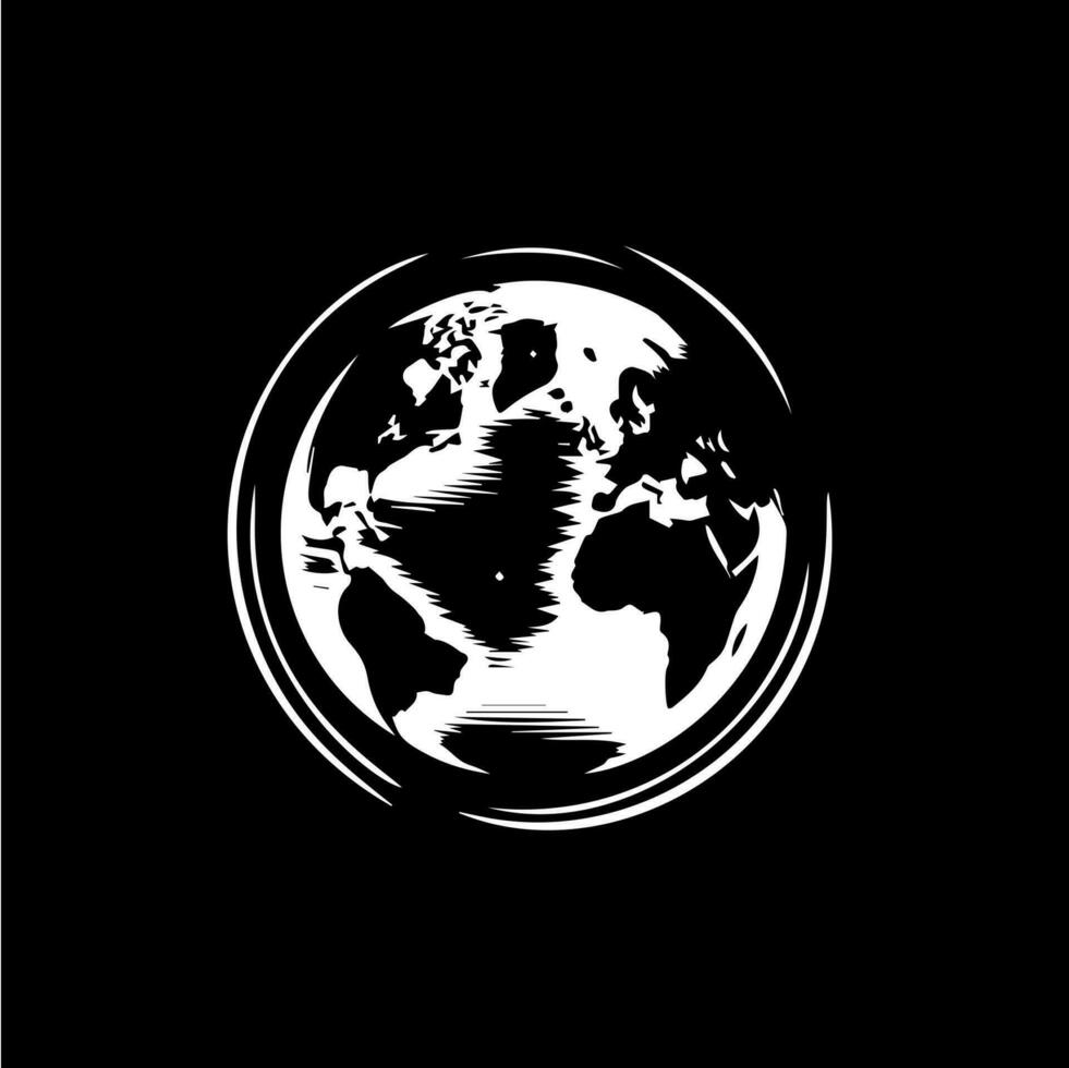 tierra logo plantilla, globo mundo redondo emblema, salvar planeta icono. global planeta esfera mano dibujo emblema en negro fondo, monocromo bosquejo Arte. vector ilustración