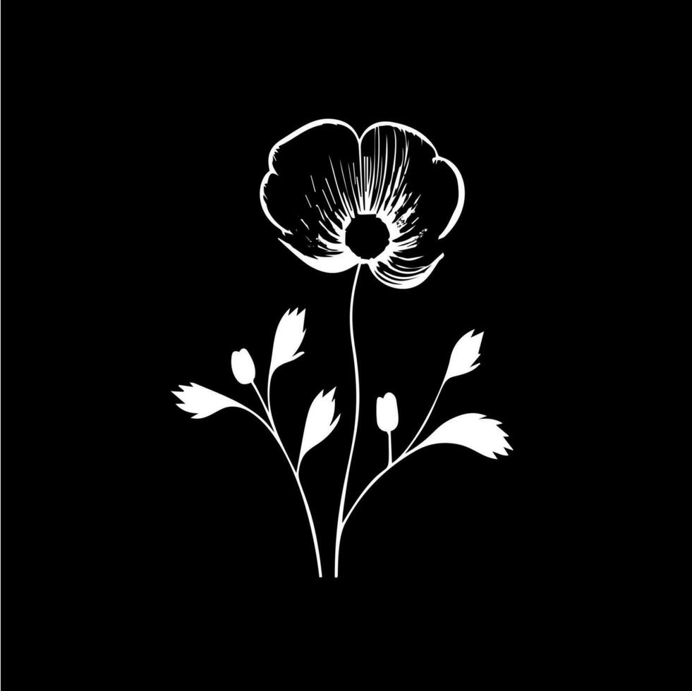 Poppy flower logo template, white icon of blossom poppy petals silhouette on black background, boutique logotype concept, cosmetic emblem, tattoo. Vector illustration