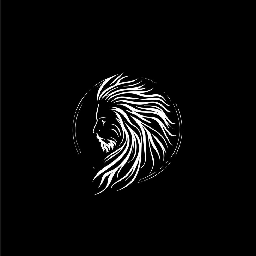 Lion hair head dotwork tattoo with dots shading, depth illusion, tippling tattoo. Hand drawing human emblem on black background for body art, minimalistic sketch monochrome logo. Vector illustration
