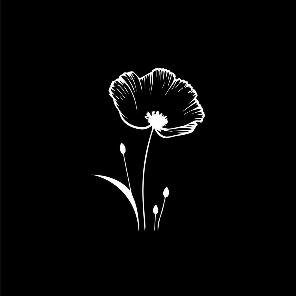 Poppy flower logo template, white icon of blossom poppy petals silhouette on black background, boutique logotype concept, cosmetic emblem, tattoo. Vector illustration