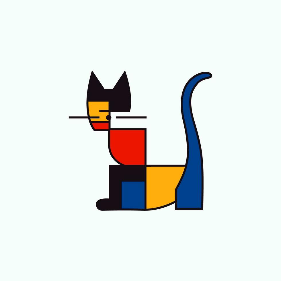 Vibrant abstract cat logo set in De Stijl style. Modern, flat design concept with geometric grid, primary colors. Branding, art, corporate identity. Simple, colorful, and eye-catching. Vector logo