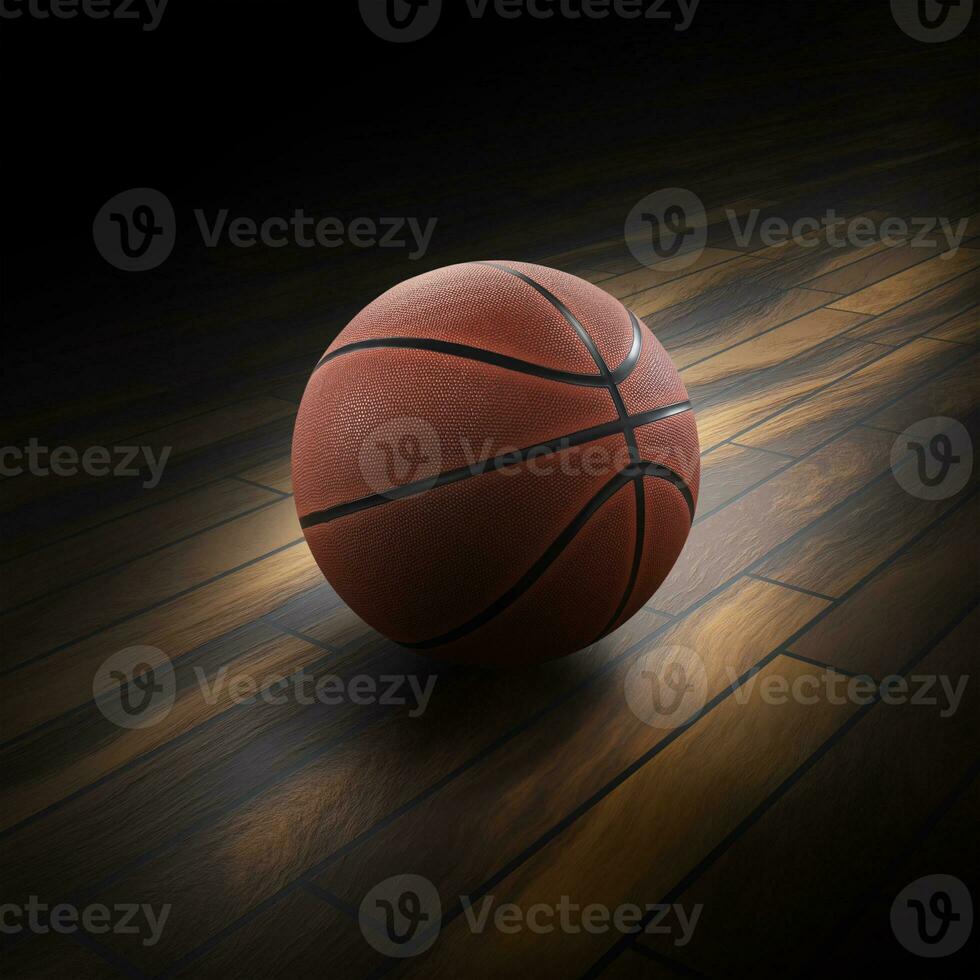 A basketball with a dark background on a hardwood gym floor photo