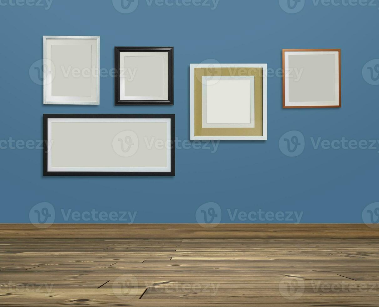 Set photo frame Colored wall and brown wooden floor, interior decoration