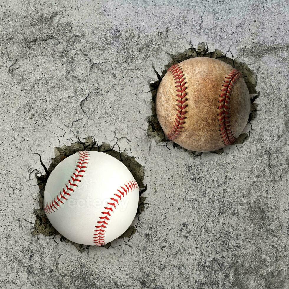 Two baseball ball flying through the wall with cracks photo