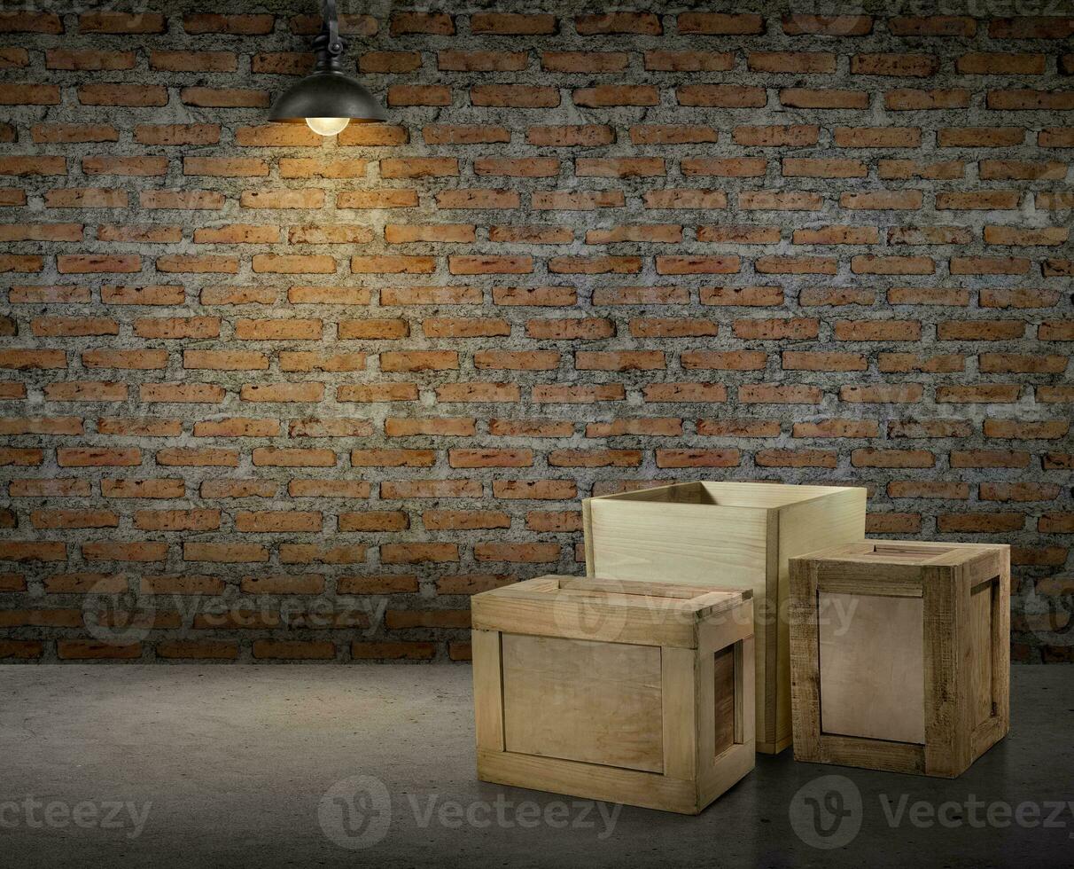 yellow wooden crate The interior of the room brick wall, lamp illuminated photo