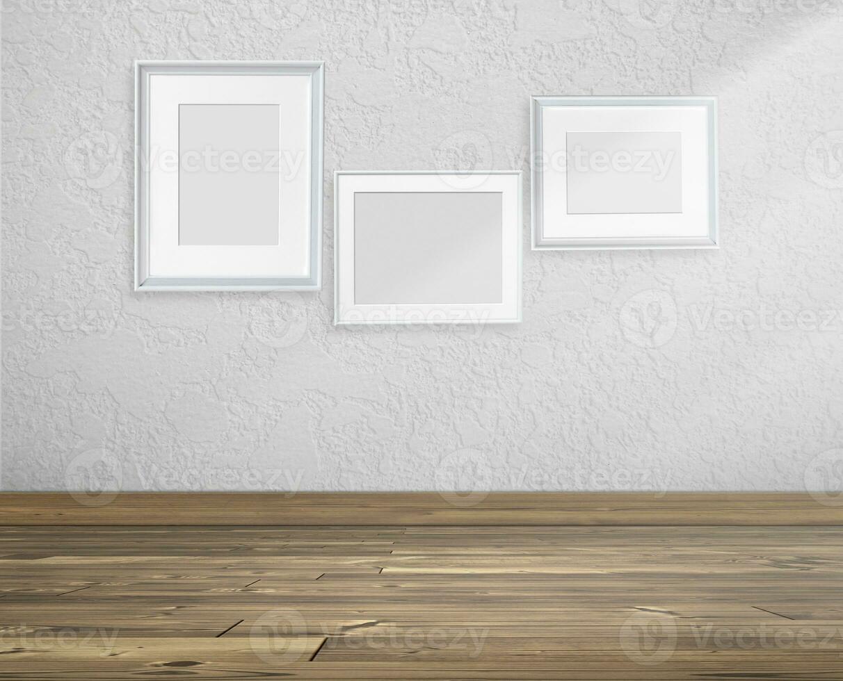 picture frame in White empty room and wooden floor with sunlight cast shadows on wall photo