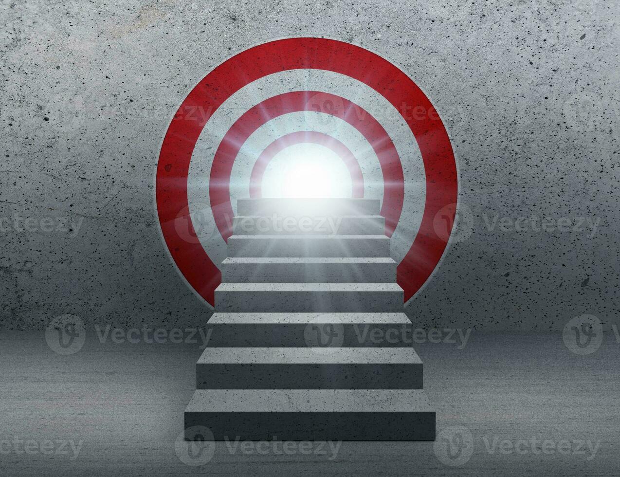 Image of empty stairs toward a red dartboard with shining target background photo