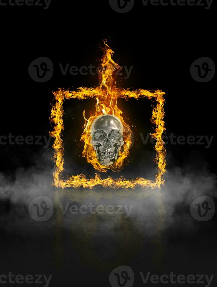 Fire skull and Square, of fire in black smoke background photo