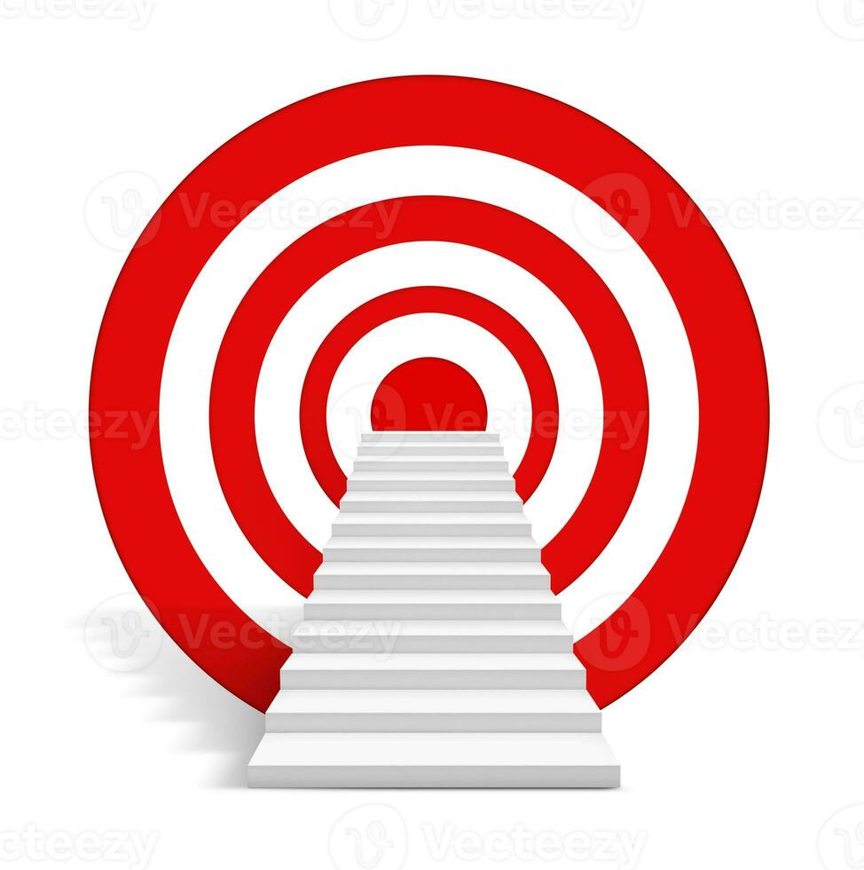 Image of empty stairs toward a red dartboard on white background photo