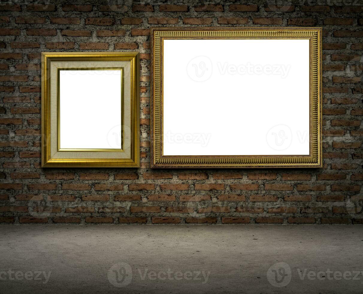 Golden picture frame on dark brick wall photo