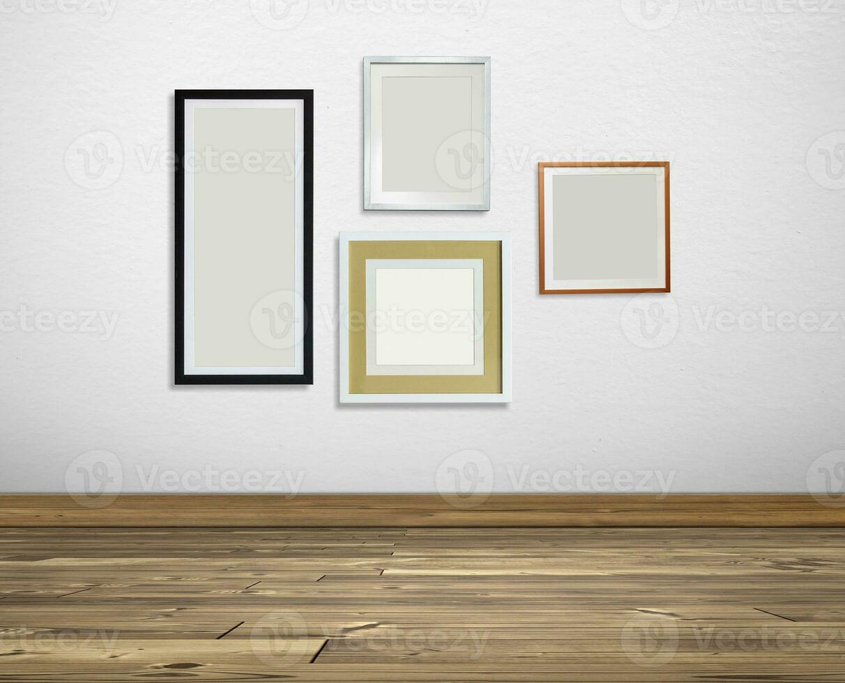 Set photo frame in room white walls and wooden floor